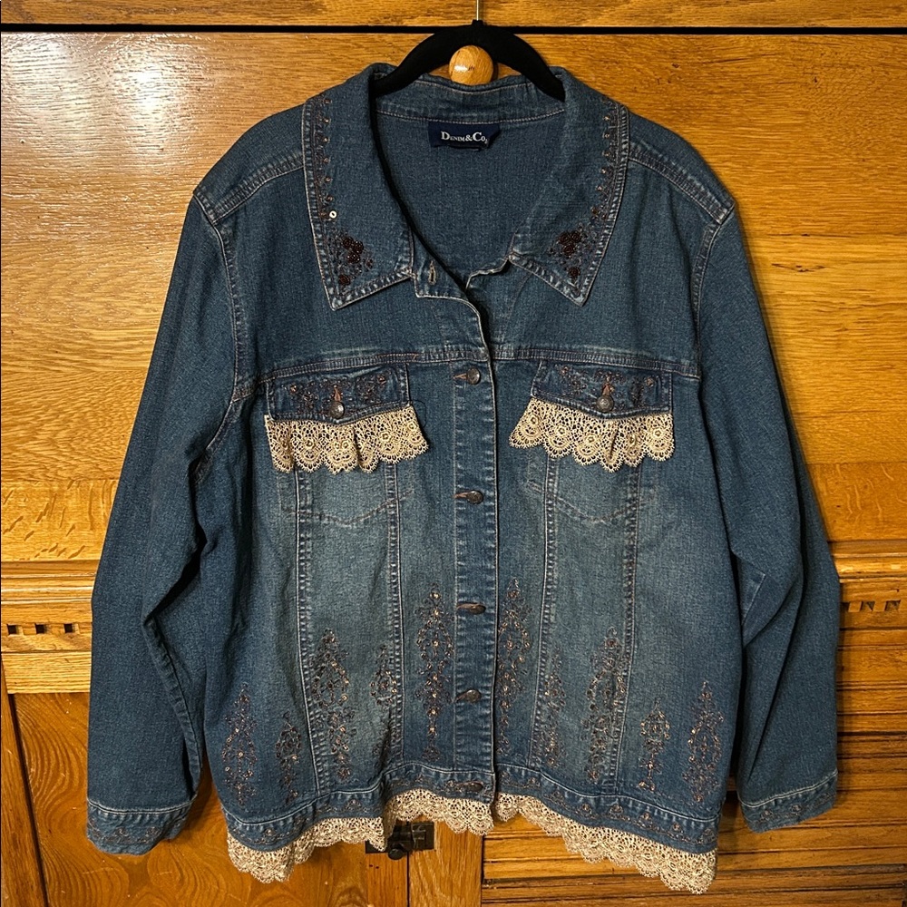 Denim‎ & Co Blue Denim Embroidered Lace & Bead Embellished Jeans Size Jacket